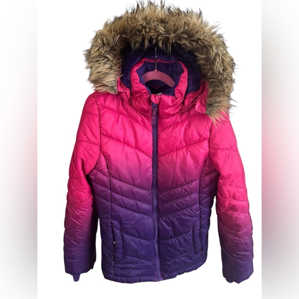 SO Girls Pink Purple Ombré Faux Fur Hood Puffer Coat Size 10/12